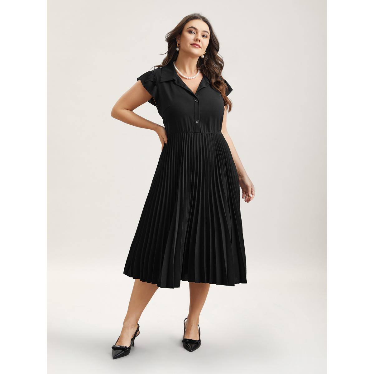 Plus Size Pleated Shirt Collar Solid Midi Dress Black Women Office Pleated Shirt collar Cap Sleeve Curvy BloomChic 26/4X Product Image