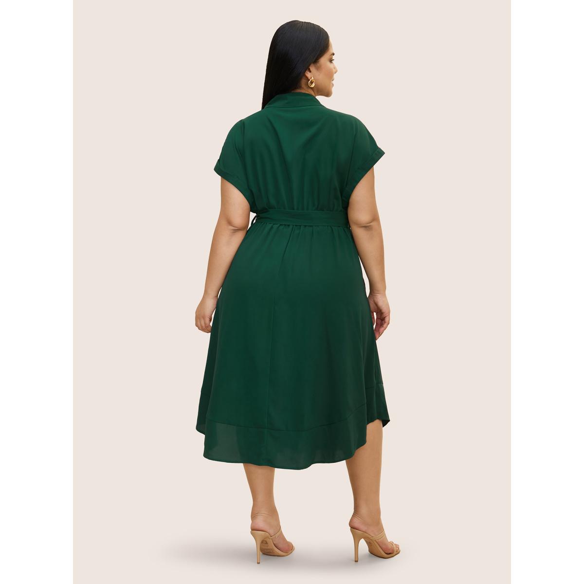 Plus Size Suit Collar Button Detail Batwing Sleeve Dress DarkGreen Women At the Office Belted Suit Collar Cap Sleeve Curvy BloomChic 18-20/2X Product Image