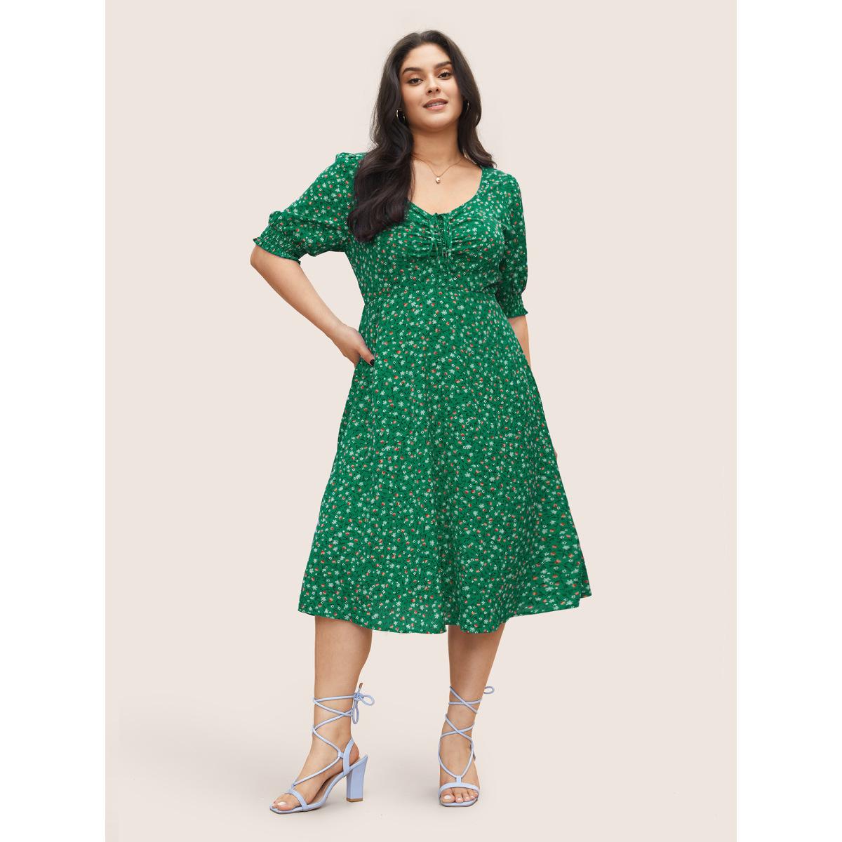 Plus Size Ditsy Floral Drawstring Shirred Cuffs Dress DarkGreen Women Elegant Non Square Neck Half Sleeve Curvy Midi Dress BloomChic 18-20/2X Product Image