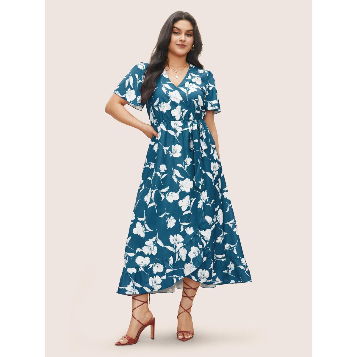 Plus Size Floral Ruffle Knot Side Wrap Dress Teal Women Elegant Ruffles V-neck Short sleeve Curvy Midi Dress BloomChic 18/2X Product Image