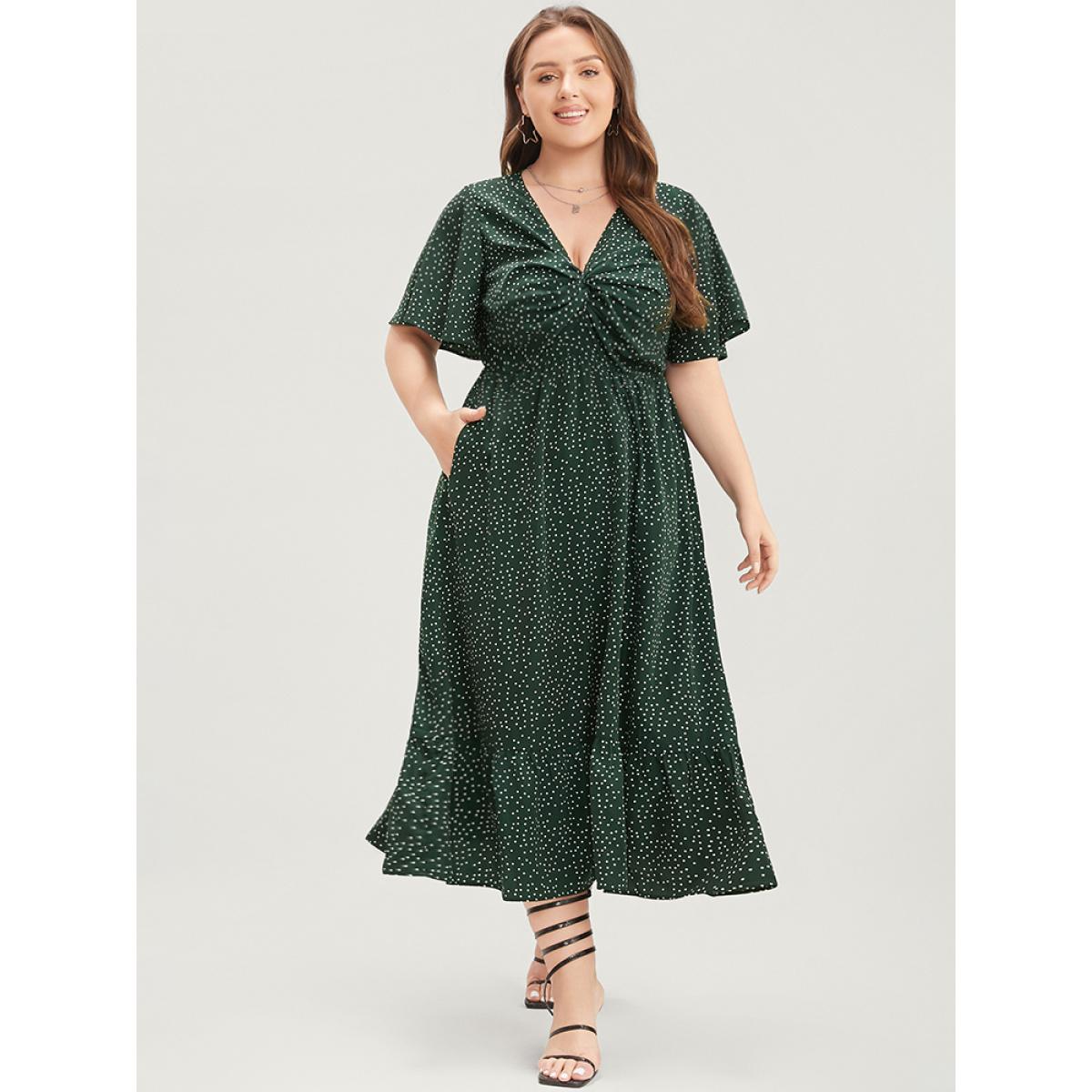 Plus Size Polka Dot Twist Front Pocket Flutter Hem Dress DarkGreen Women Elegant Pocket V-neck Short sleeve Curvy Midi Dress BloomChic 26/4X Product Image