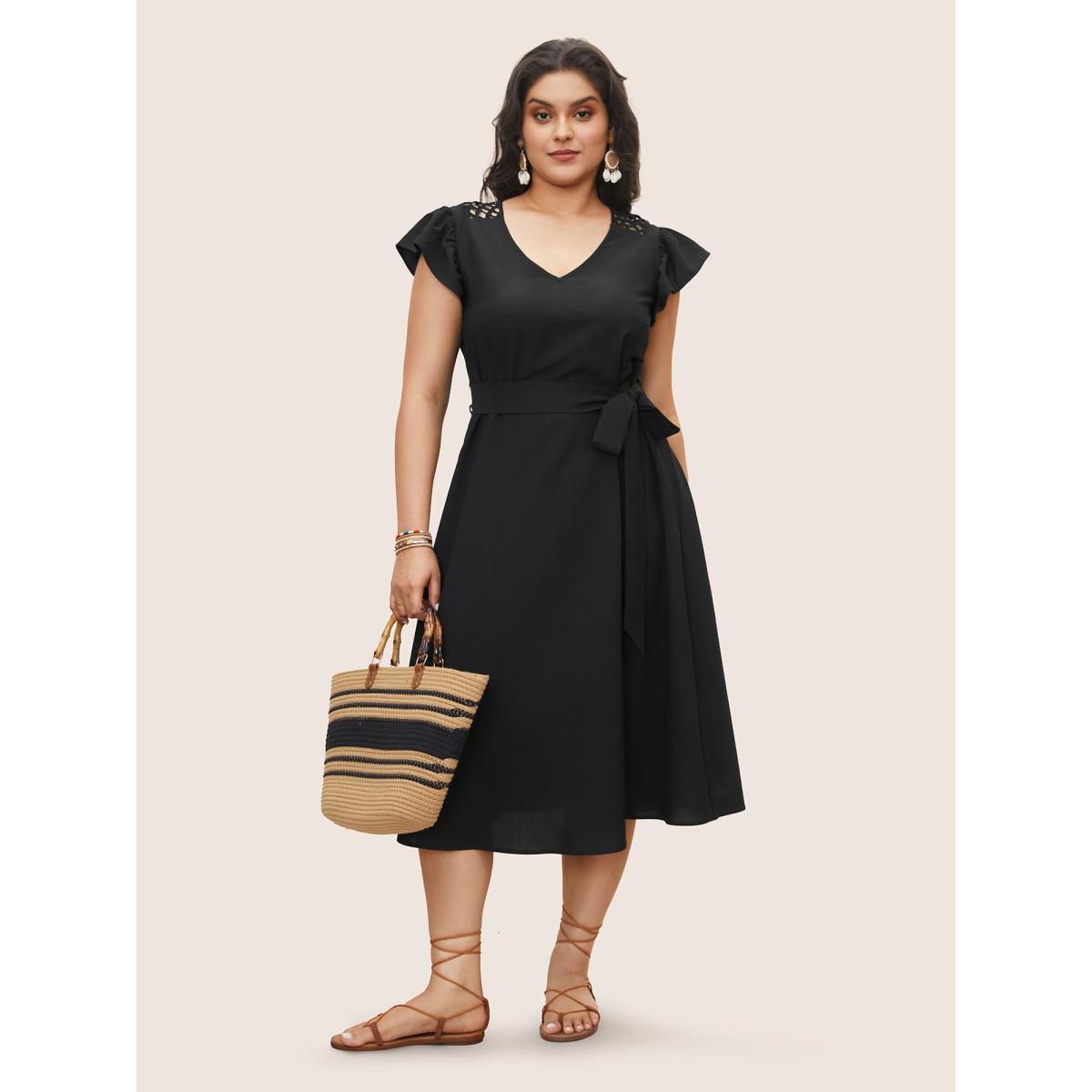 Plus Size Solid Cut Out Ruffle Cap Sleeve Dress Black Women Resort Woven ribbon&lace trim V-neck Cap Sleeve Curvy Midi Dress BloomChic 22-24/3X Product Image