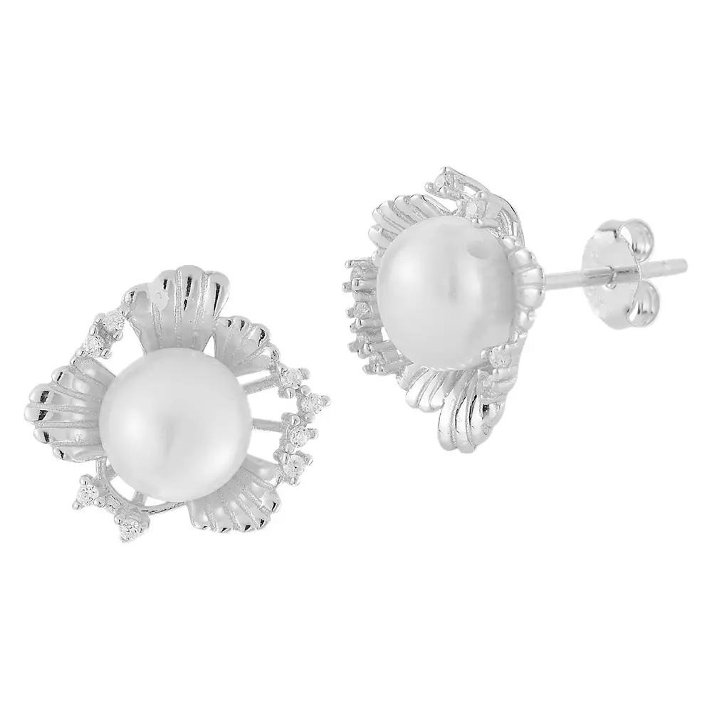 Sunkissed Sterling Freshwater Cultured Pearl Seashell Stud Earrings, Women's, Silver Tone Product Image