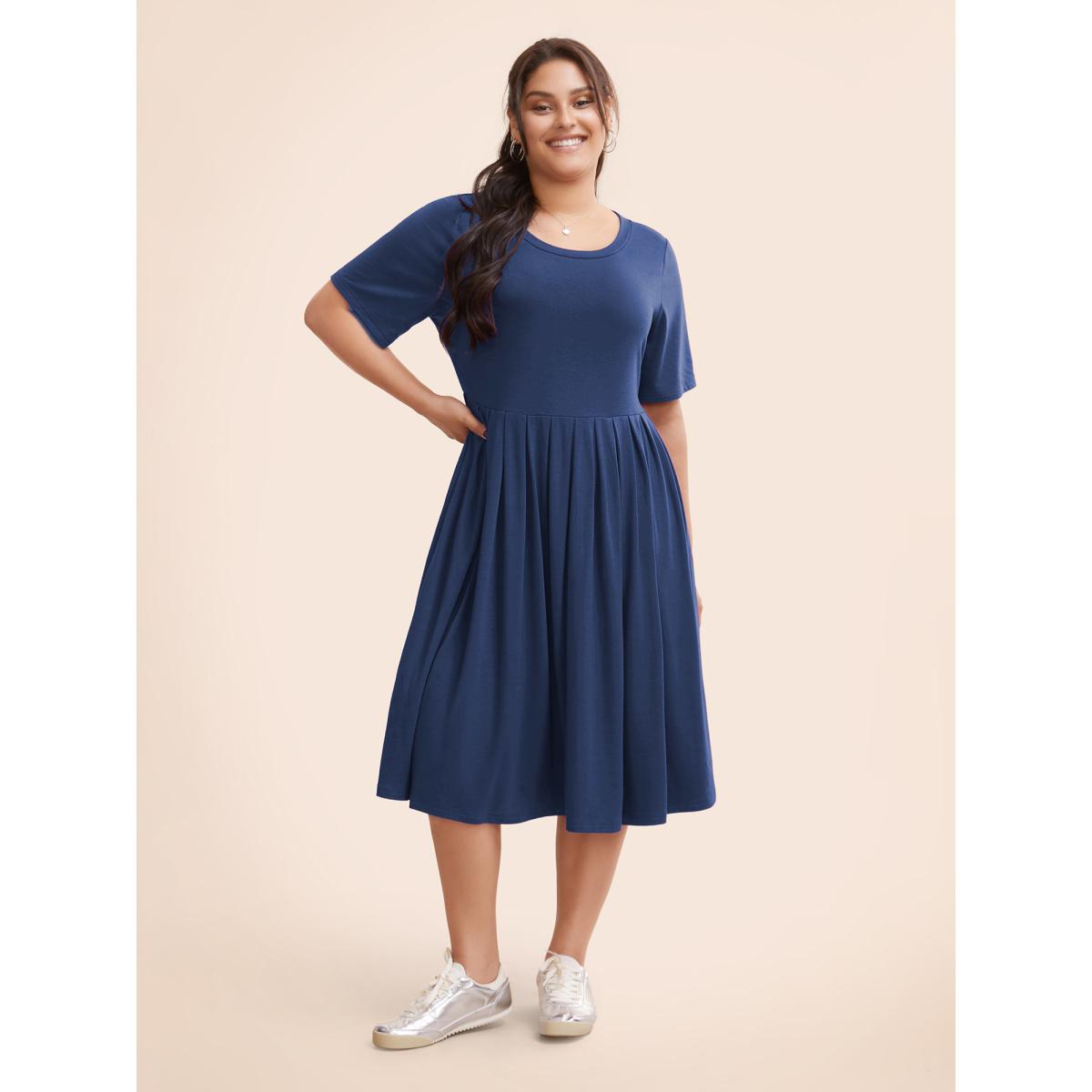 Plus Size Supersoft Essentials Solid Pleated Round Neck Midi Dress DarkBlue Women Casual Plain Round Neck Short sleeve Curvy Midi Dress BloomChic 10/M Product Image