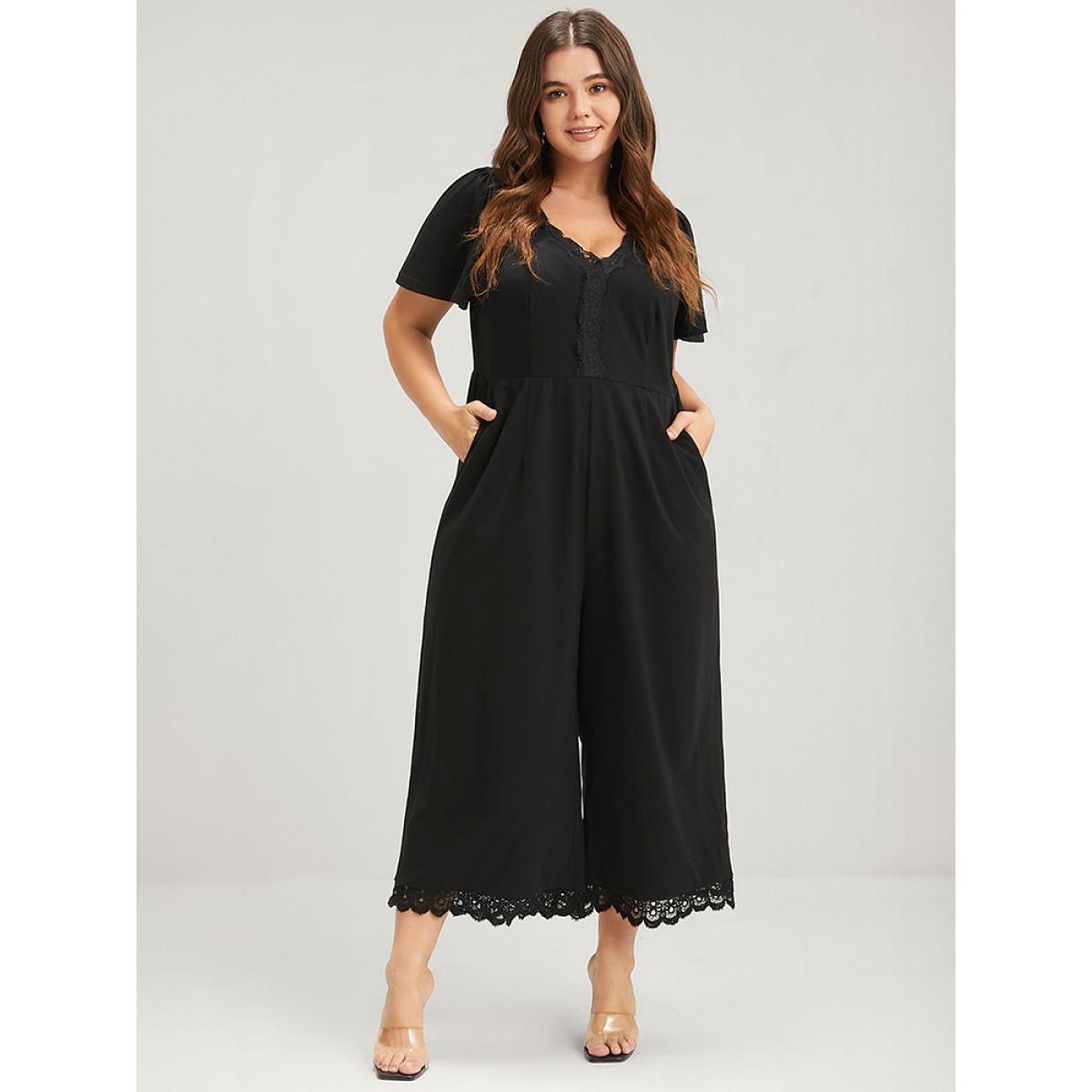 Plus Size Black Solid Ruffles Contrast Lace Pocket Jumpsuit Women Elegant Short sleeve V-neck Dailywear Loose Jumpsuits BloomChic 30/6X Product Image