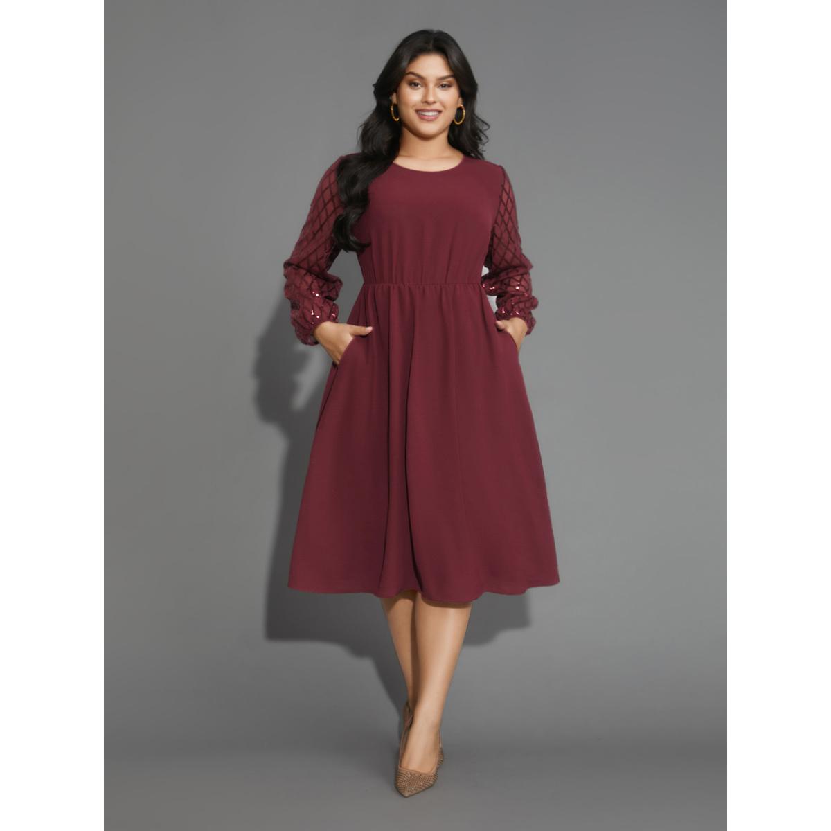 Plus Size Texture Sequin Mesh Patchwork Belted Dress Burgundy Women Party&Cocktail Texture Round Neck Long Sleeve Curvy BloomChic 28/5X Product Image