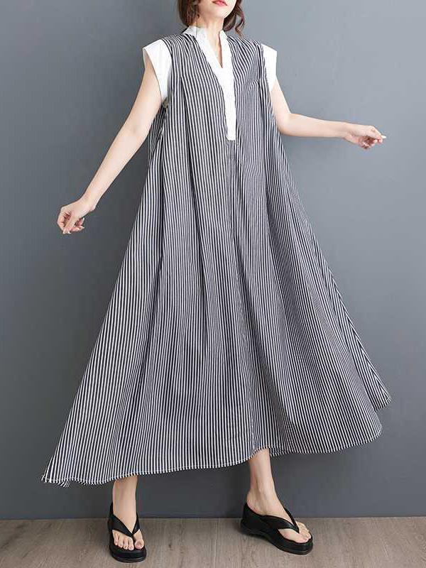 Cap Sleeve Loose Buttoned Striped Lapel Maxi Dresses Shirt Dress Product Image