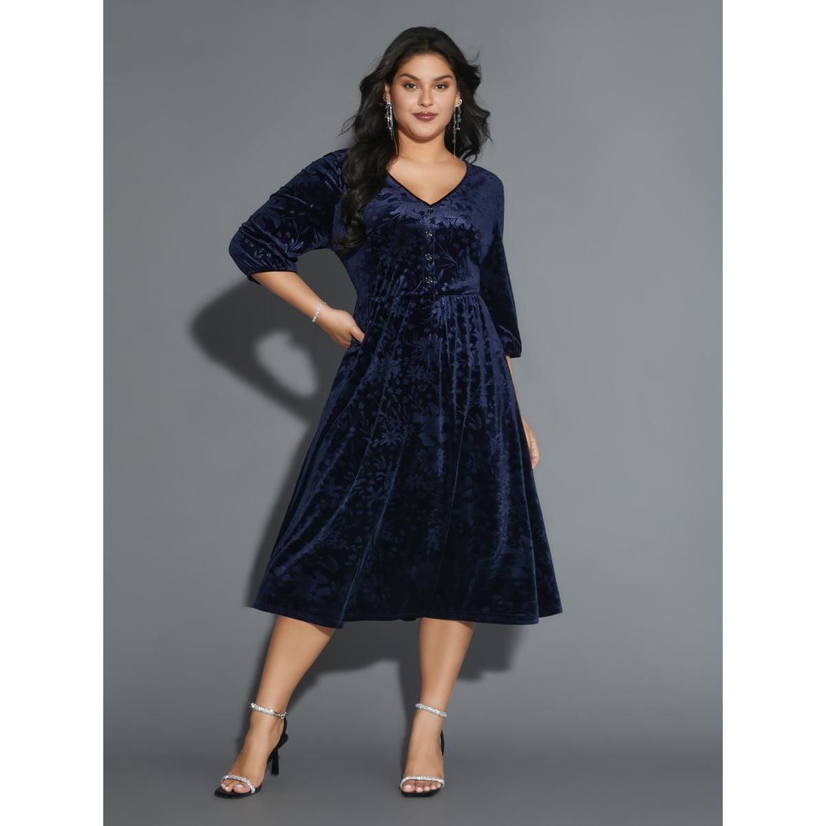 Plus Size Velvet Button Detail V-Shaped Neck Dress DarkBlue Women Cocktail Texture V-neck Elbow-length sleeve Curvy BloomChic 30/6X Product Image