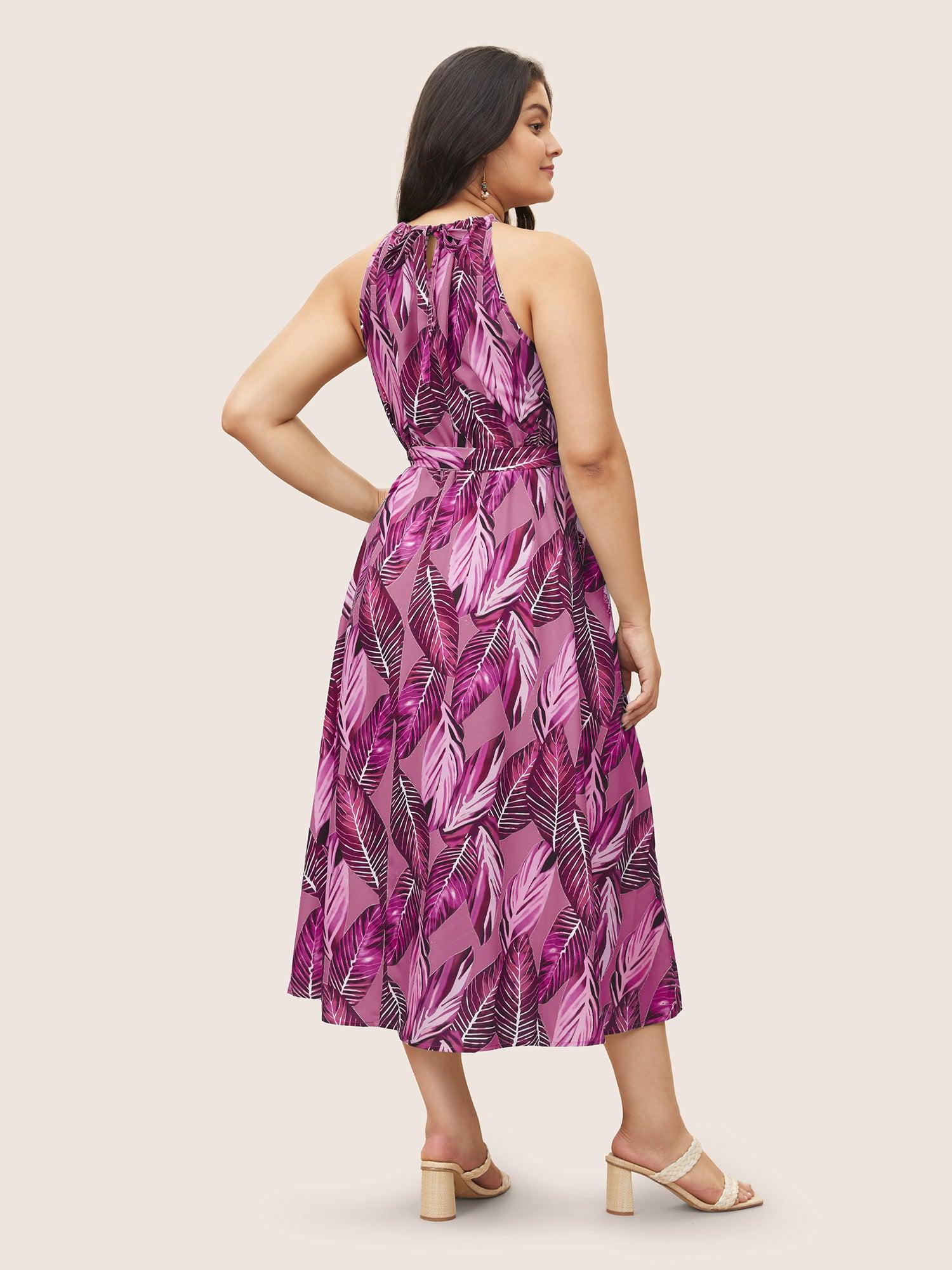 Tropical Print Knotted Pocket Ruffles Belted Halter Dress Female Product Image