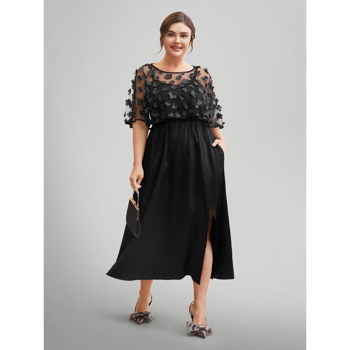 Plus Size Two-Piece Appliques Mesh Shawl Split Hem Dress Black Women Cocktail Texture Round Neck Short sleeve Curvy BloomChic 30/6X Product Image