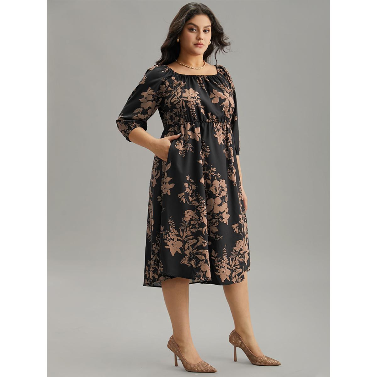 Plus Size Silhouette Floral Print Elastic Cuffs Dress Black Women Elegant Elastic cuffs Square Neck Elbow-length sleeve Curvy Midi Dress BloomChic 26/4X Product Image