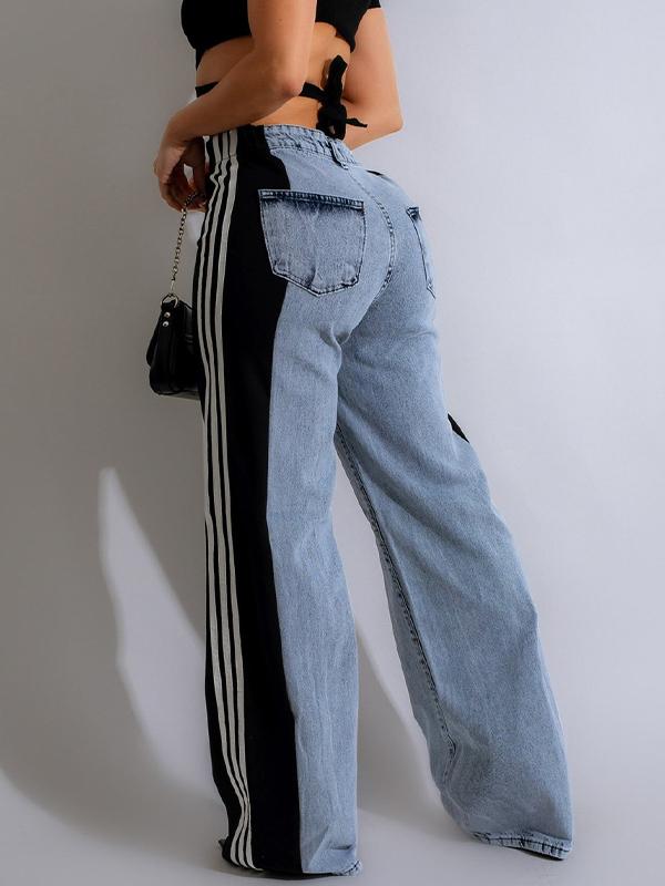 Wide leg denim trousers with three stripes Product Image