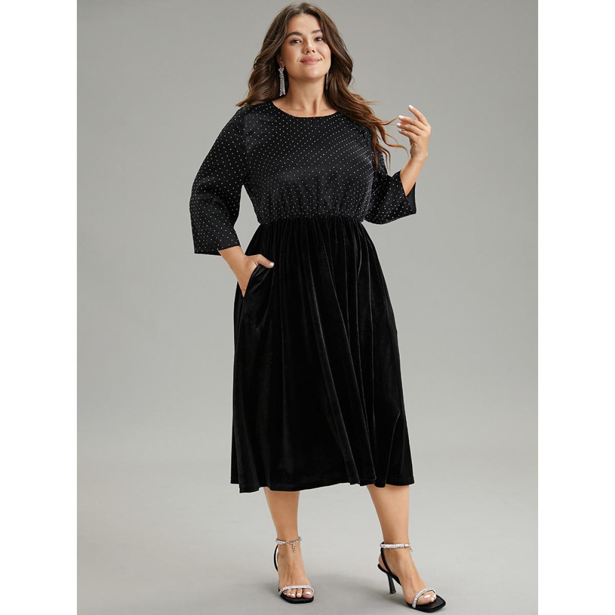 Plus Size Rhinestone Patchwork Velvet Elastic Waist Dress Black Women Glamour Velvet Round Neck Elbow-length sleeve Curvy Midi Dress BloomChic 28/5X Product Image