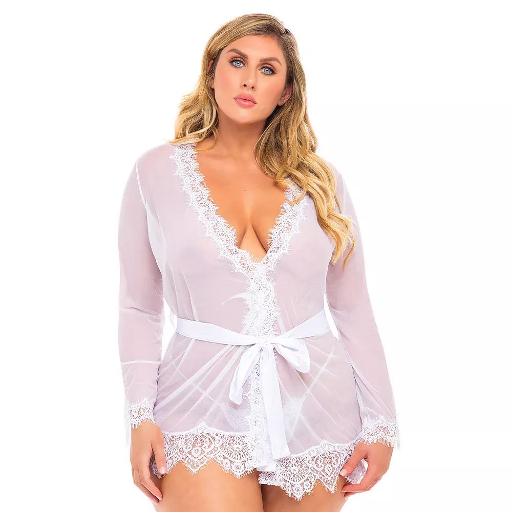 Plus Size Oh La La Cheri Provence Eyelash Lace Robe & G-String Set 94-11136X, Women's, Size: 3XL-4XL, White Product Image