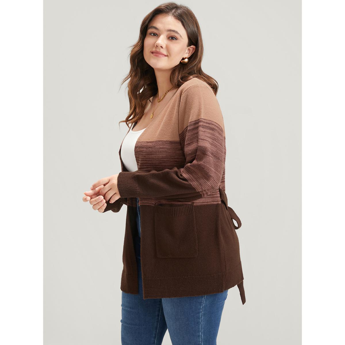 Plus Size Colorblock Contrast Pointelle Knit Pocket Belted Open Front Cardigan Multicolor Women Casual Loose Long Sleeve Dailywear Cardigans BloomChic 12/L Product Image