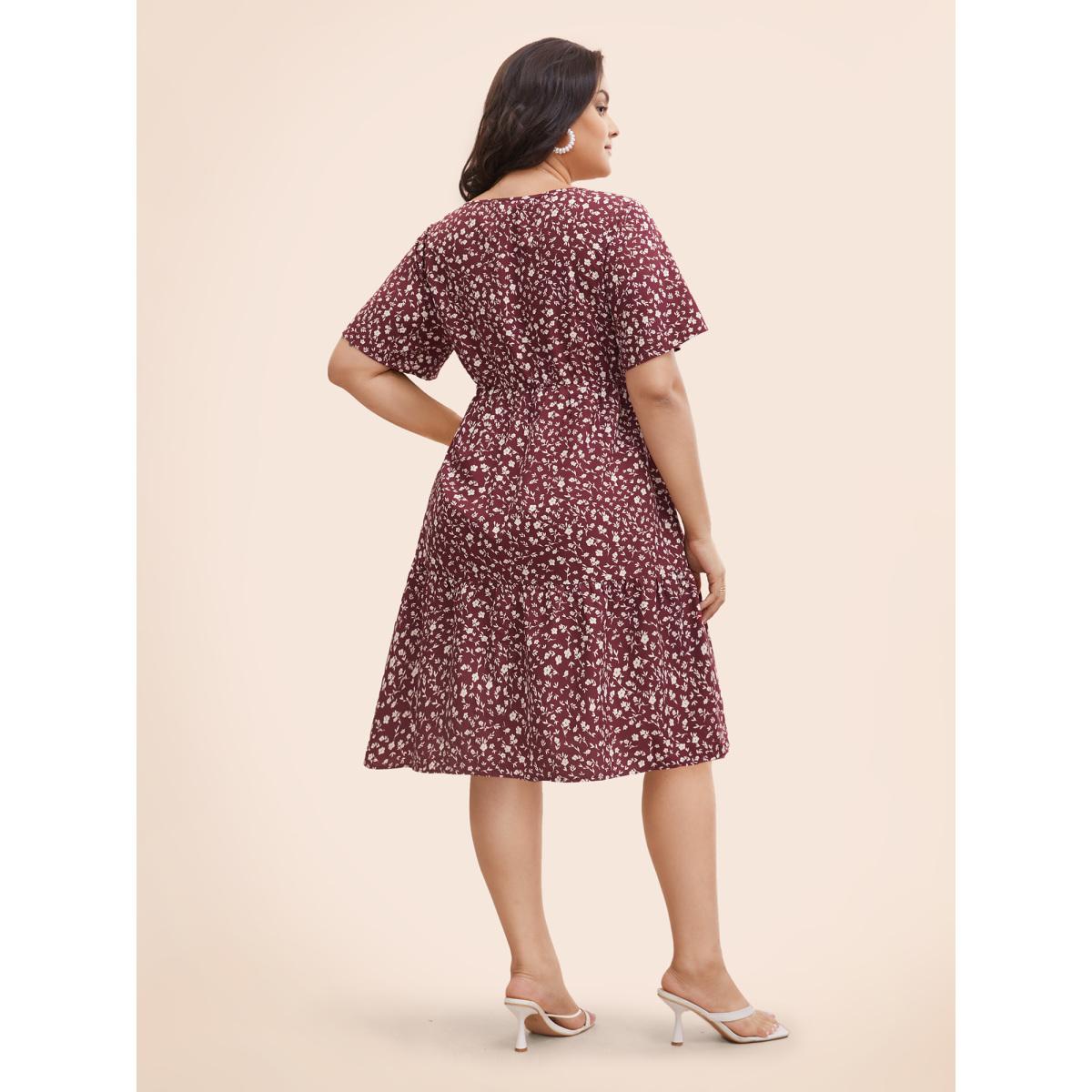 Plus Size Ditsy Floral U Neck Ruffle Sleeve Dress Burgundy Women Elegant Non U-neck Short sleeve Curvy BloomChic 10/M Product Image