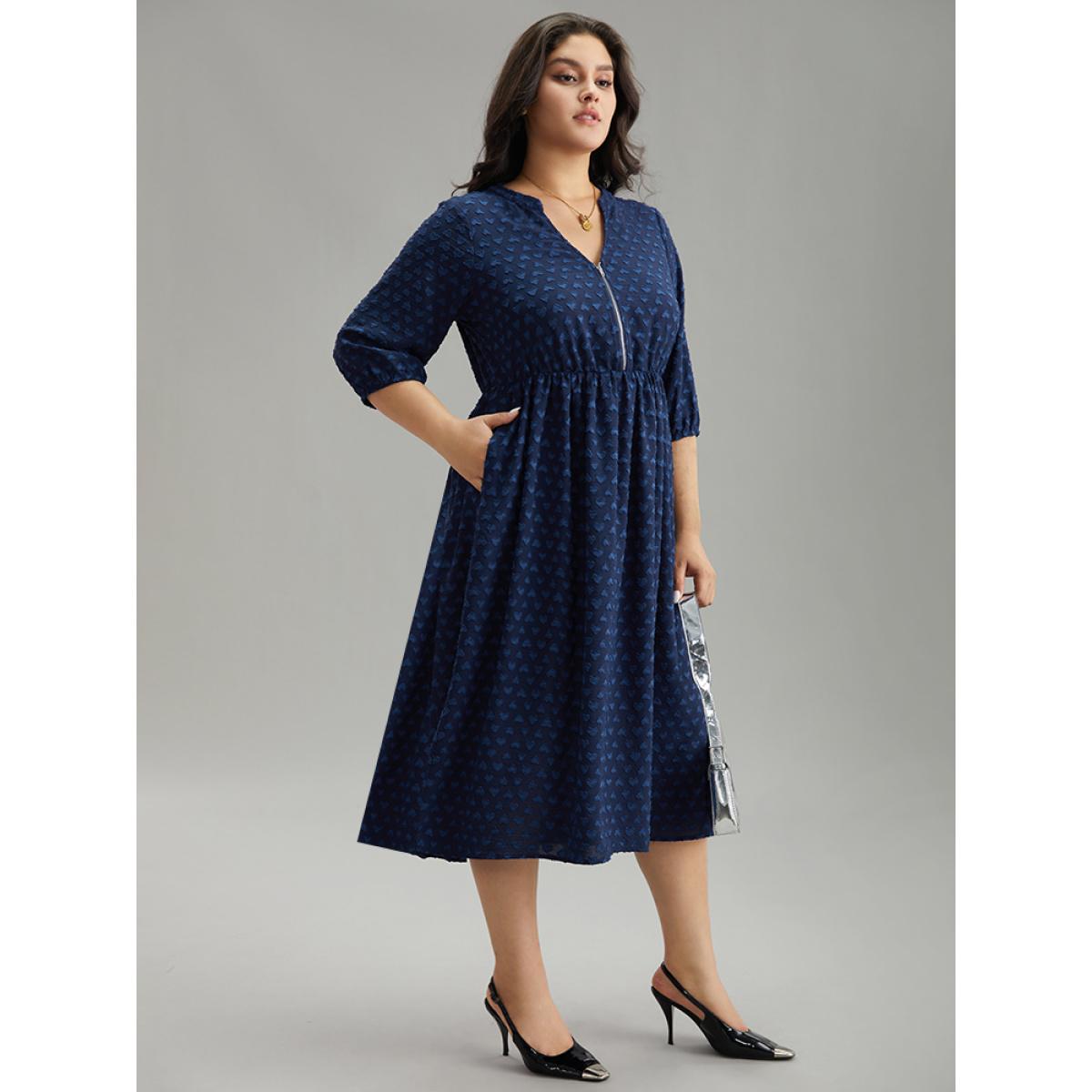 Plus Size Plain Heart Textured Half Zip Notched Dress Indigo Women Office Elastic cuffs Notched collar Elbow-length sleeve Curvy Midi Dress BloomChic 10/M Product Image