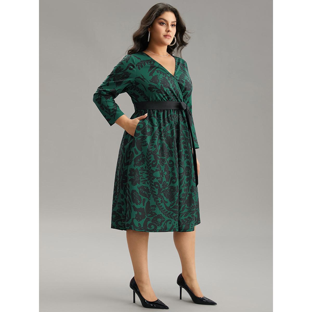 Plus Size Silhouette Floral Print Belted Wrap Dress Cyan Women Elegant Wrap Overlap Collar Long Sleeve Curvy Midi Dress BloomChic 14-16/1X Product Image