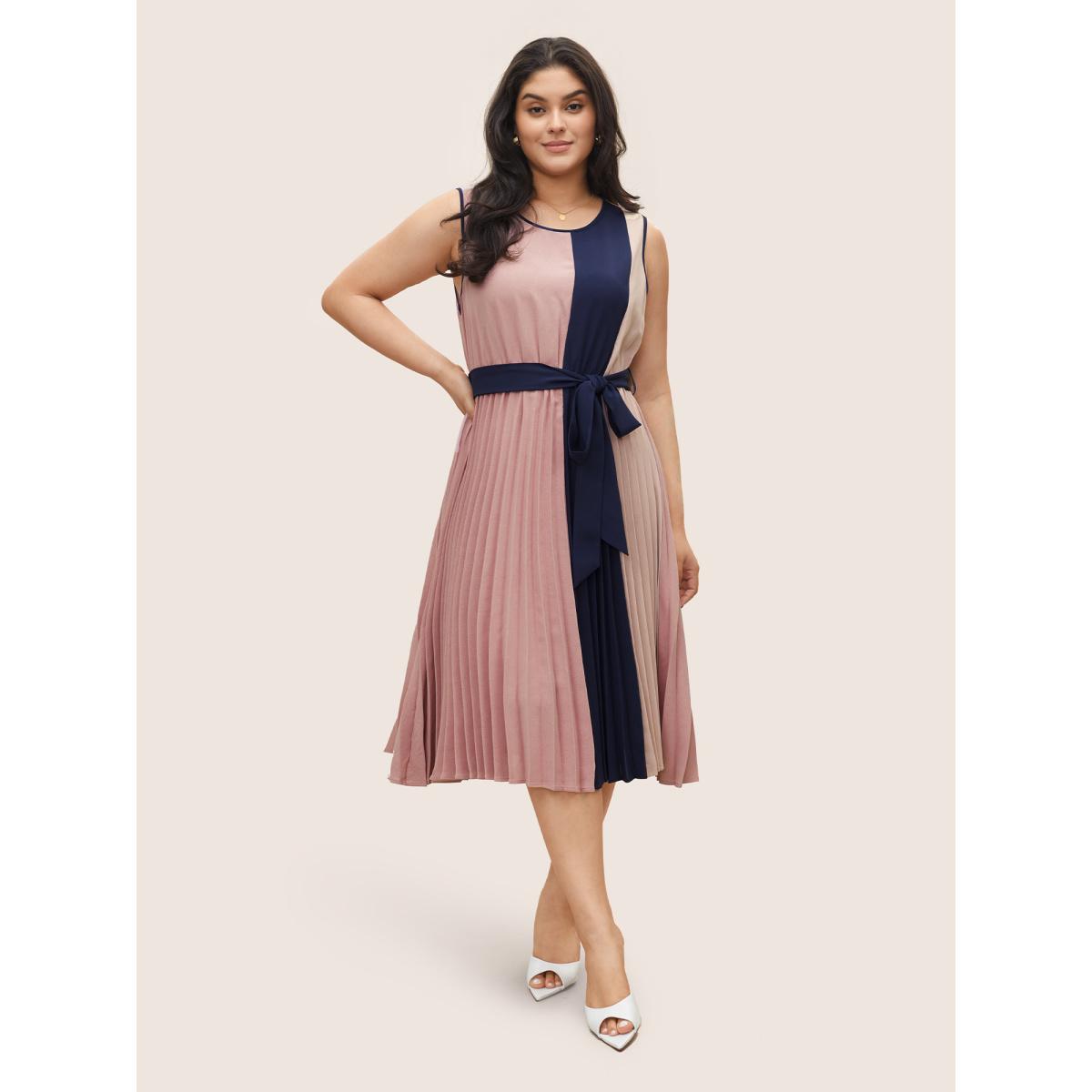 Plus Size Colorblock Contrast Pleated Belted Sleeveless Dress Multicolor Women At the Office Belted Round Neck Sleeveless Curvy Midi Dress BloomChic 10/M Product Image
