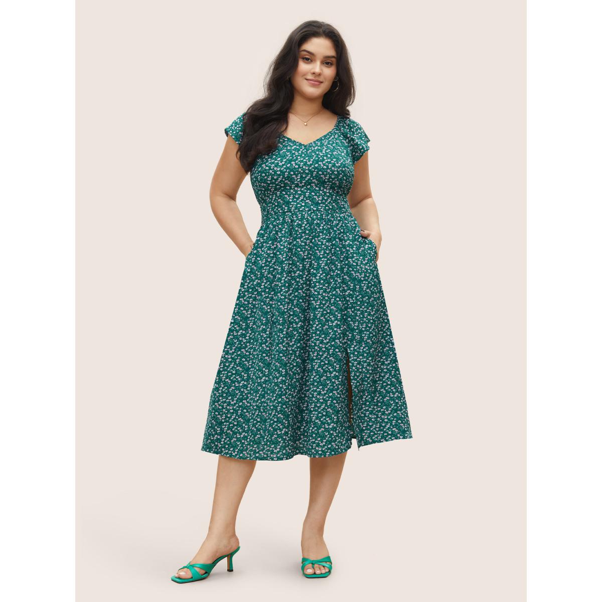 Plus Size Ditsy Floral Shirred Elastic Waist Split Hem Dress Teal Women Elegant Non Cap Sleeve Curvy Midi Dress BloomChic 28/5X Product Image