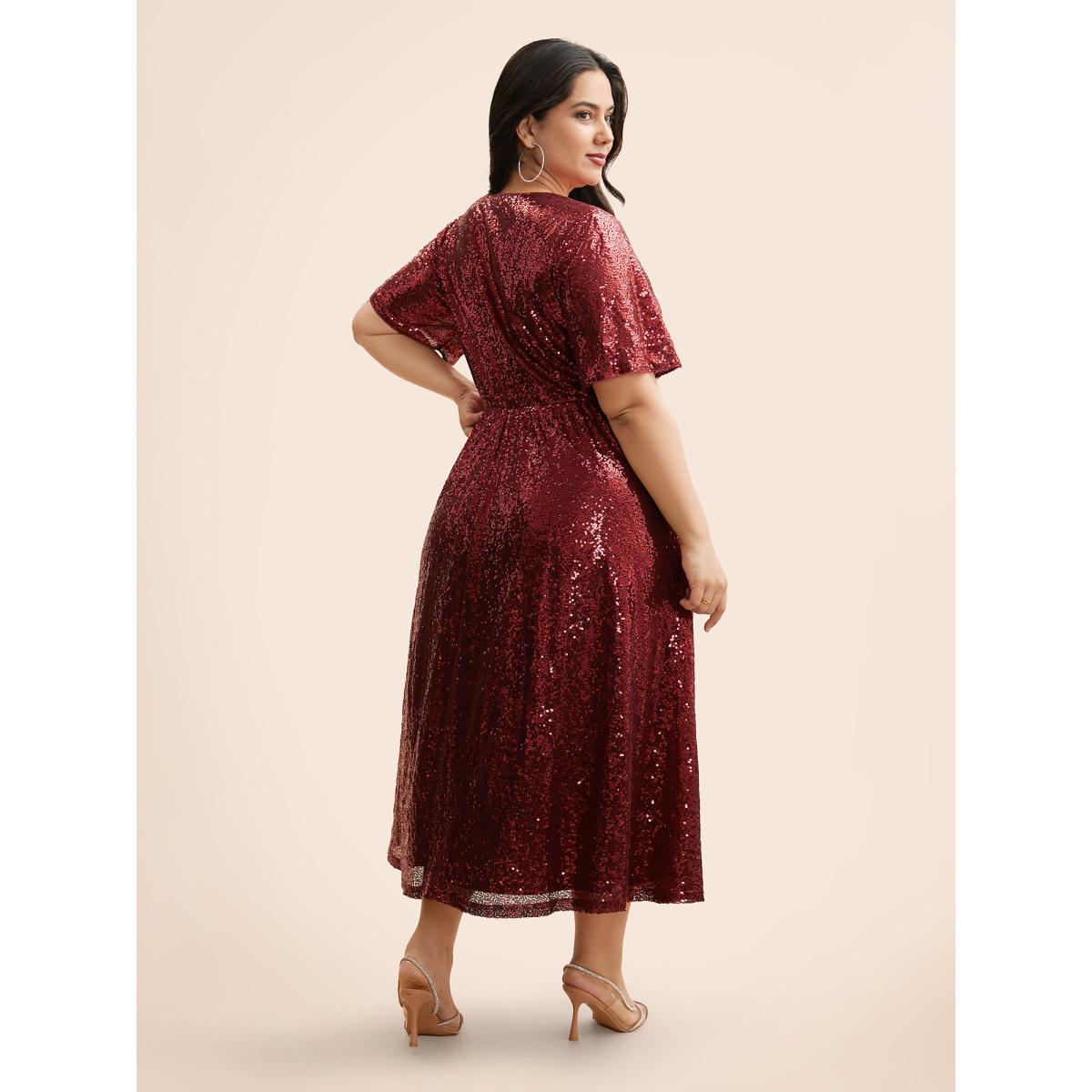 Plus Size Sequin V Neck Elastic Waist Dress Burgundy Women Cocktail Texture V-neck Short sleeve Curvy BloomChic 12/L Product Image