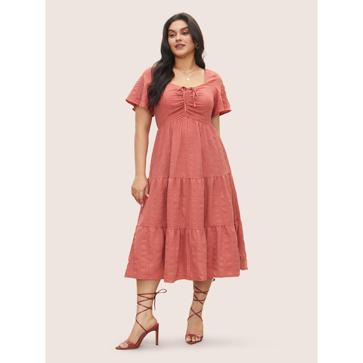 Plus Size Plain Ruched Drawstring Pocket Ruffle Tiered Dress DustyPink Women Elegant Non V-neck Short sleeve Curvy Midi Dress BloomChic 22-24/3X Product Image