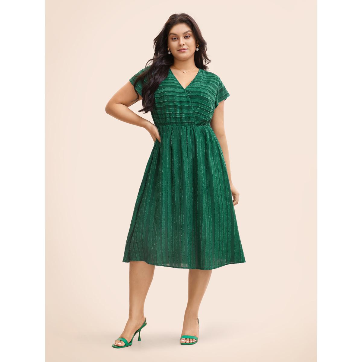 Plus Size Overlap Collar Plain Textured Midi Dress DarkGreen Women Elegant Texture Overlap Collar Cap Sleeve Curvy BloomChic 30/6X Product Image