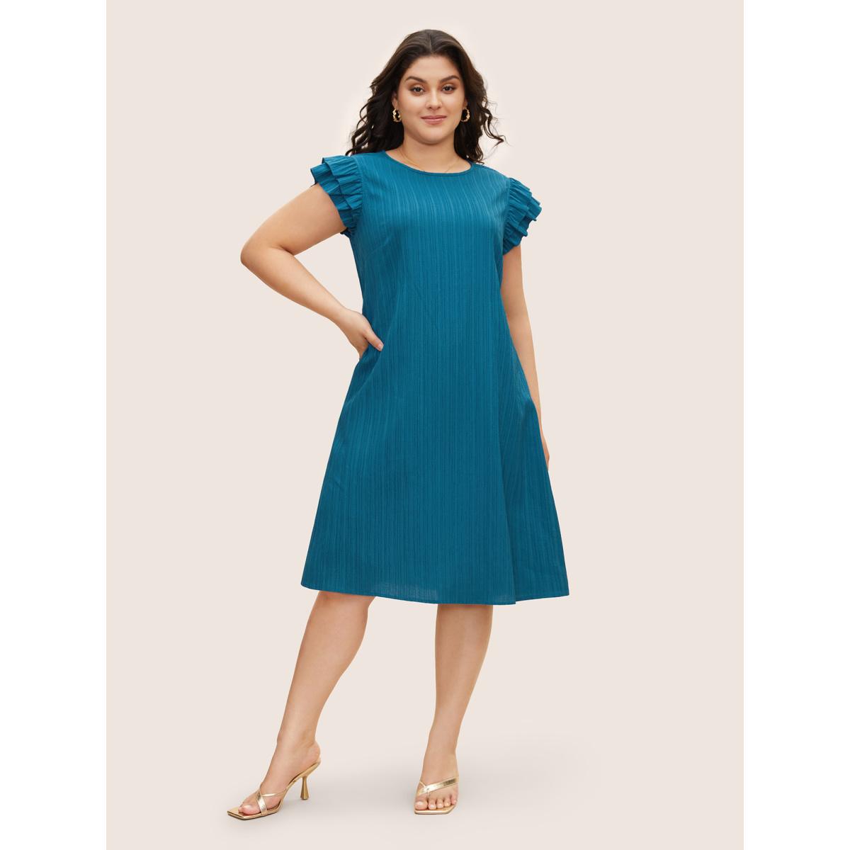 Plus Size Textured Tiered Ruffle Cap Sleeve Dress Mediumblue Women Elegant Ruffles Round Neck Cap Sleeve Curvy BloomChic 30/6X Product Image