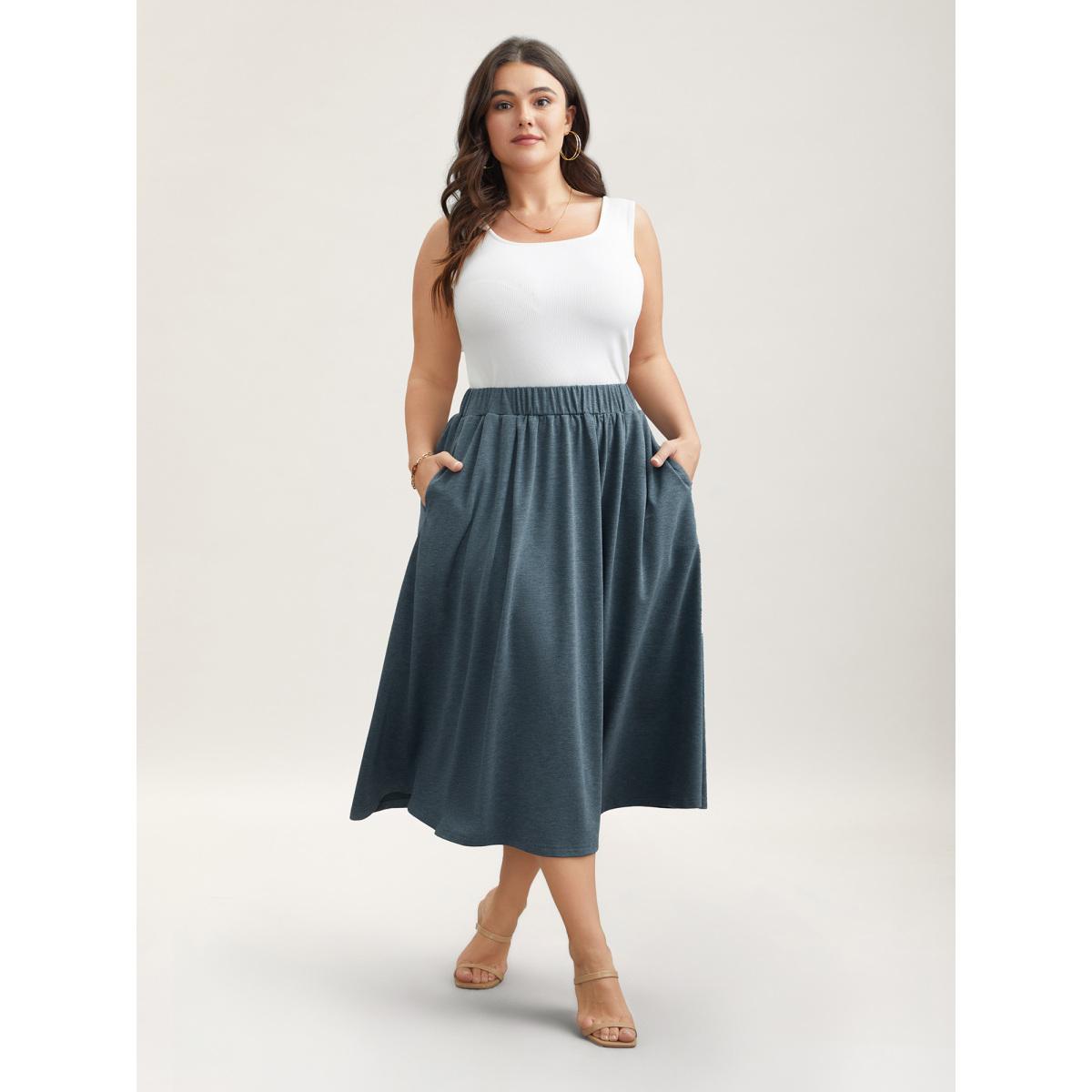 Plus Size Heather Stretchy-Waist Pleated Midi Skirt Women DarkSlateGray Elegant Gathered Medium stretch Slanted pocket Everyday Skirts BloomChic 18-20/2X Product Image