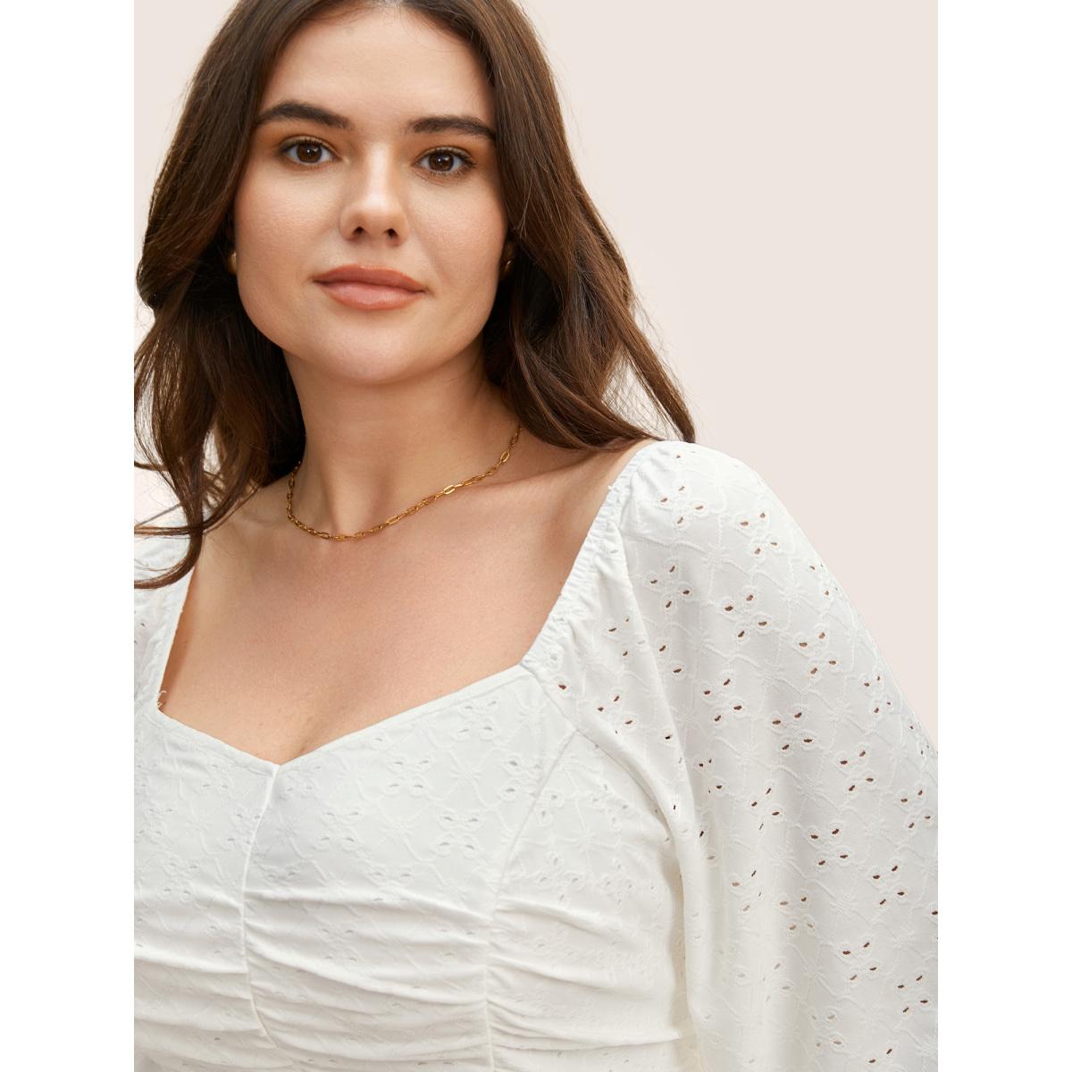 Plus Size Ivory Broderie Anglaise Ruched Lantern Sleeve Blouse Women Elegant Elbow-length sleeve Heart neckline Everyday Blouses BloomChic 22-24/3X Product Image