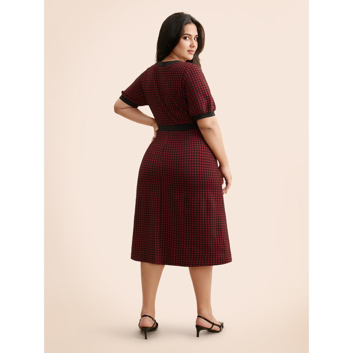 Plus Size Houndstooth Button Up Flap Detail Dress Scarlet Women Casual Contrast Round Neck Short sleeve Curvy BloomChic 18-20/2X Product Image