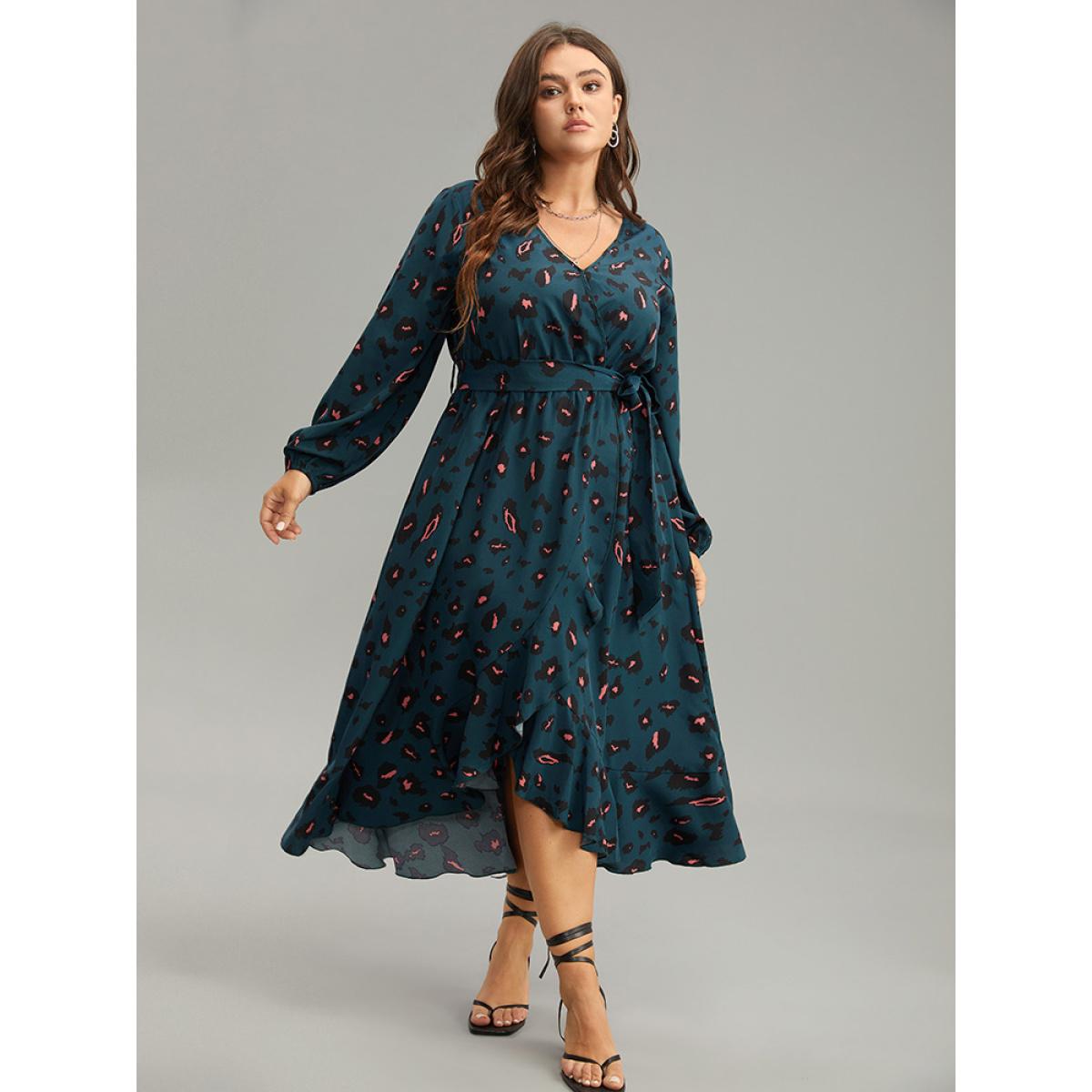 Plus Size Allover Print Surplice Neck Flutter Trim Dress DarkSlateGray Women Elegant Elastic cuffs V-neck Long Sleeve Curvy Midi Dress BloomChic 18-20/2X Product Image