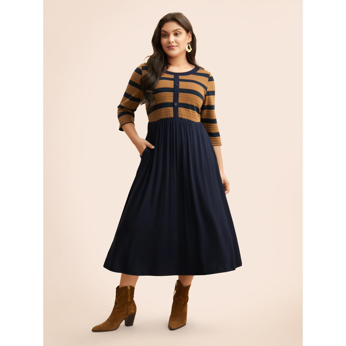 Plus Size Striped Contrast Elastic Waist Dress Yellowishbrown Women Casual Contrast Round Neck Elbow-length sleeve Curvy BloomChic 26/4X Product Image