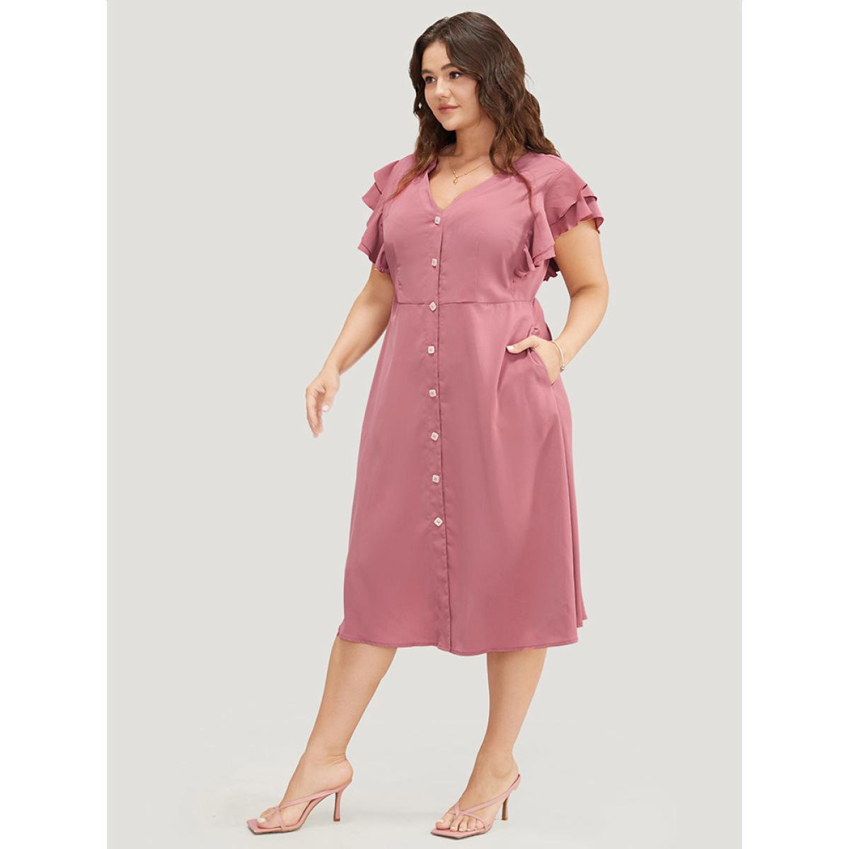 Plus Size Plain Ruffle Sleeve Pocket Tiered Button Up Dress Rouge Women Elegant Button V-neck Short sleeve Curvy Midi Dress BloomChic 26/4X Product Image