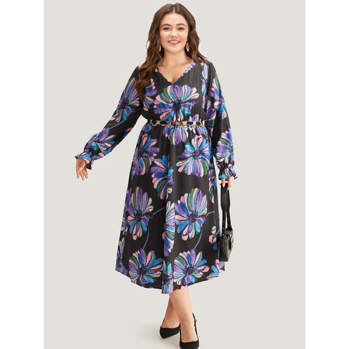 Plus Size Floral Print Flutter Trim Dress Black Women Office Printed V-neck Long Sleeve Curvy Midi Dress BloomChic 22-24/3X Product Image