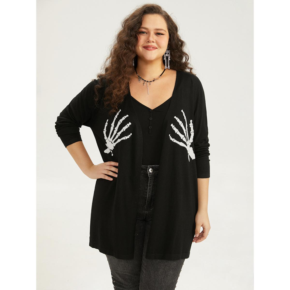Plus Size Supersoft Essentials Halloween Skull Print Open Front Cardigan Black Women Casual Long Sleeve Festival-Halloween Cardigans BloomChic 10/M Product Image