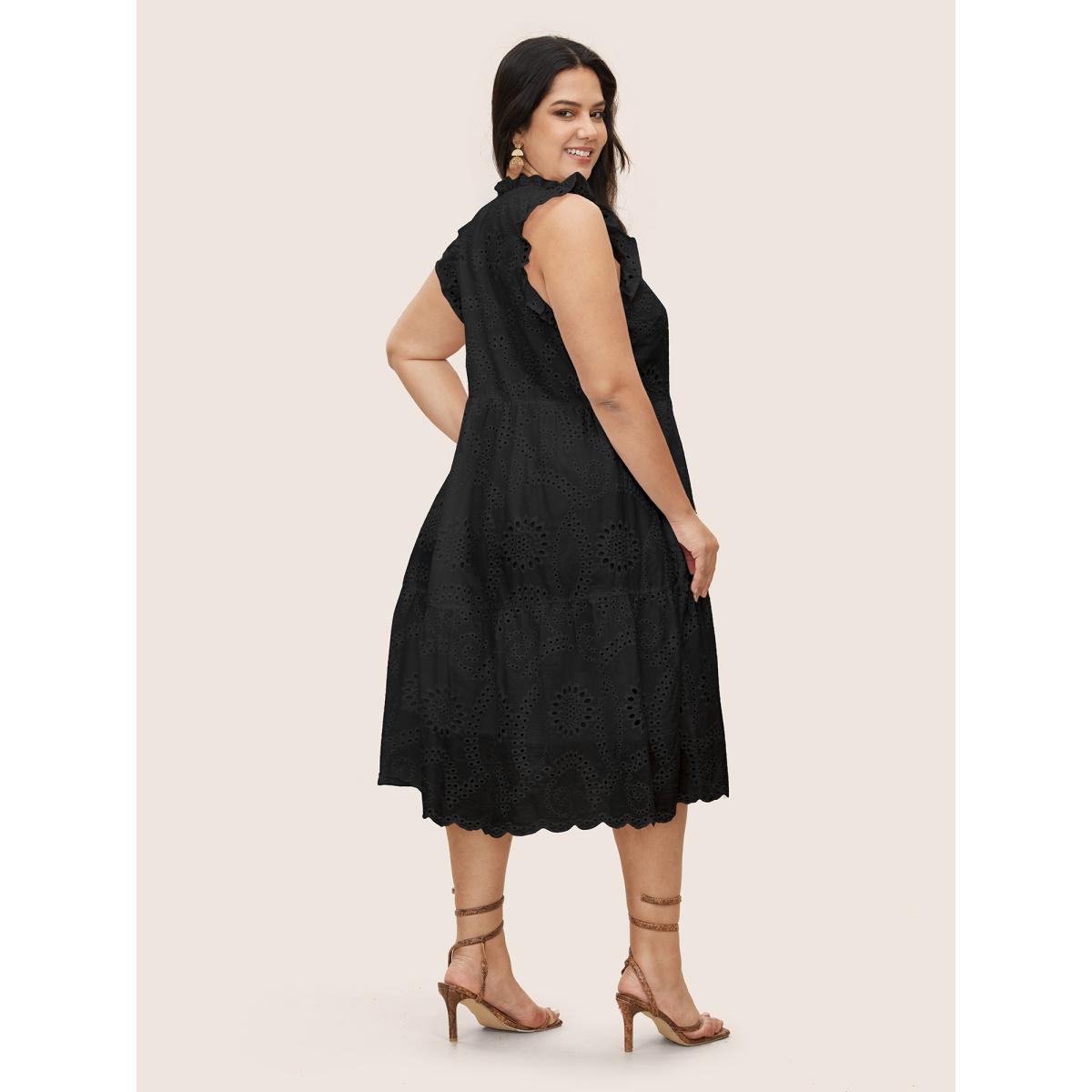 Plus Size Mock Neck Broderie Anglaise Ruffle Trim Dress Black Women Resort Patchwork Round Neck Cap Sleeve Curvy Midi Dress BloomChic 12/L Product Image