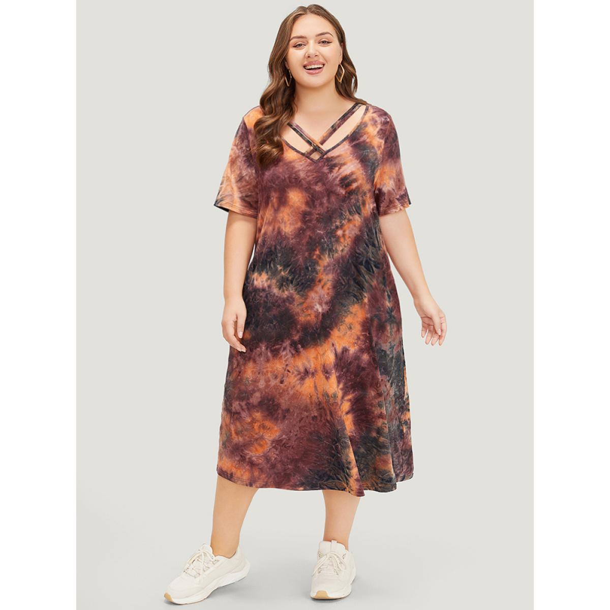 Plus Size Tie Dye Pocket Crisscross Neck Dress Multicolor Women Casual Tie Dye V-neck Short sleeve Curvy Midi Dress BloomChic 12/L Product Image