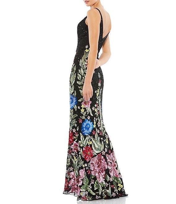 Mac Duggal Floral Print Fully Beaded V-Neck Sleeveless Sheath Gown Product Image
