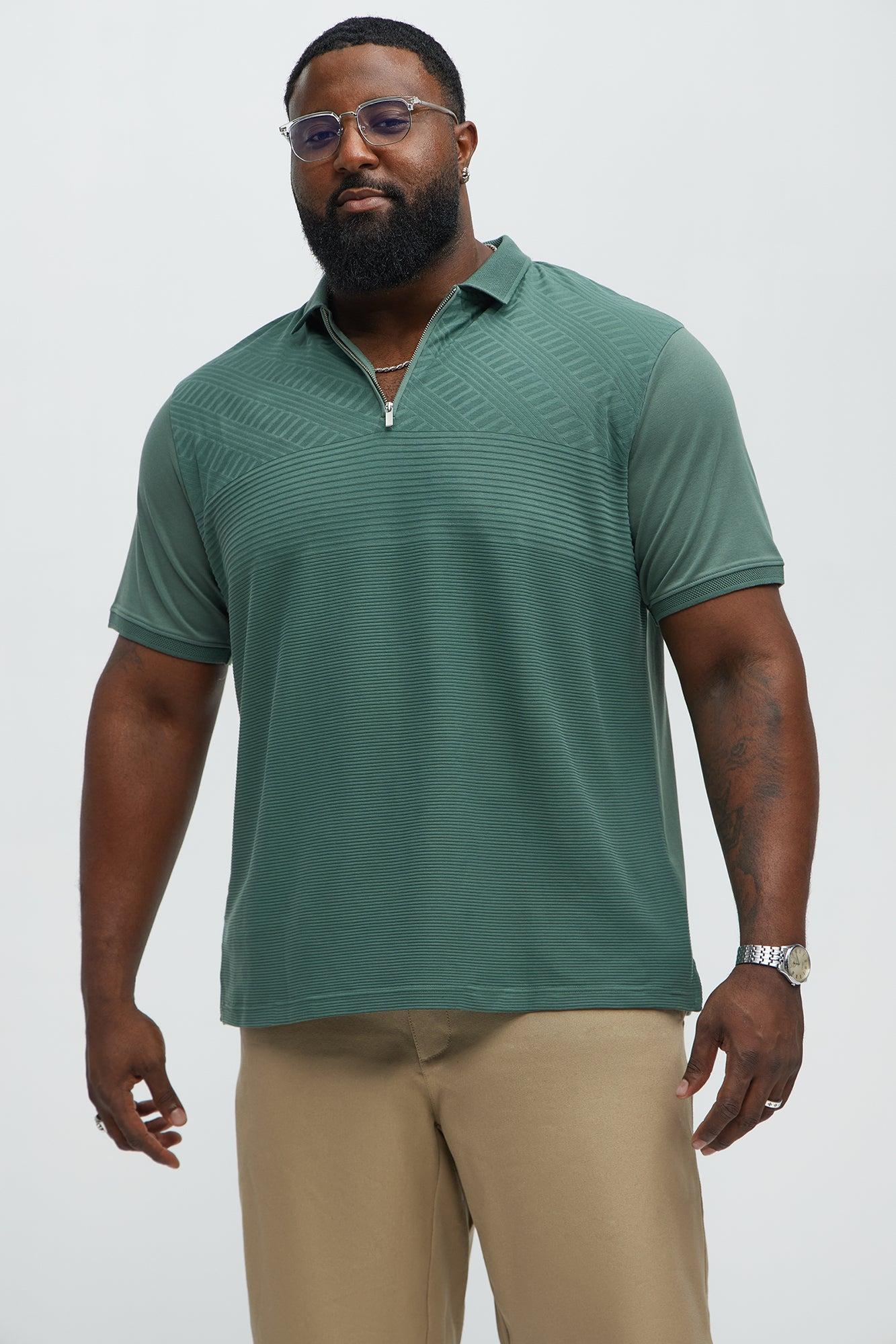 Ribbed Zip Collar Short Sleeve Polo - Green Product Image