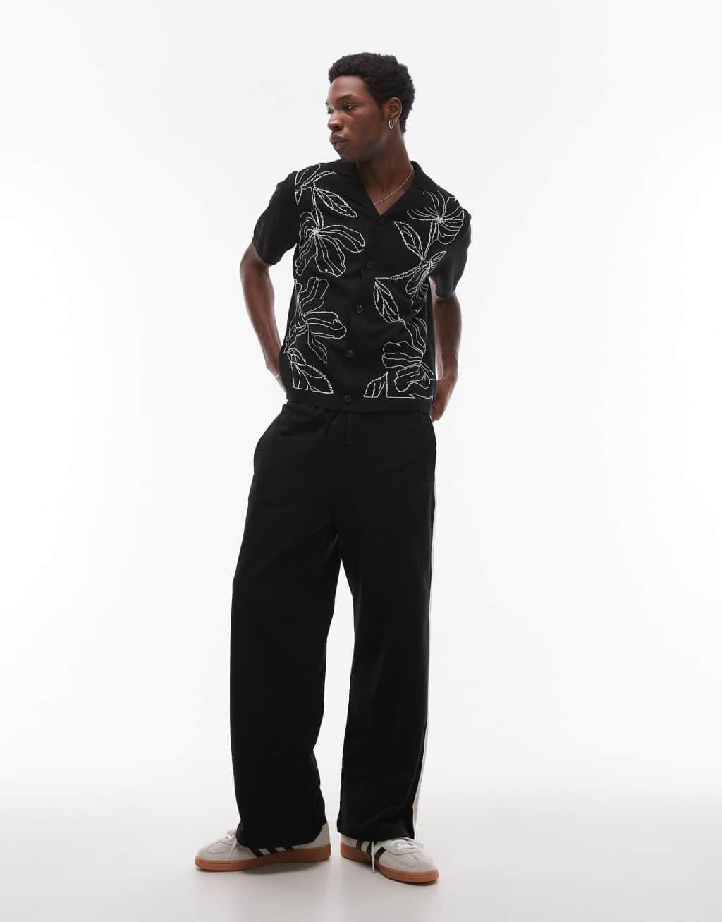 Topman front placement embroidered knit shirt in black Product Image