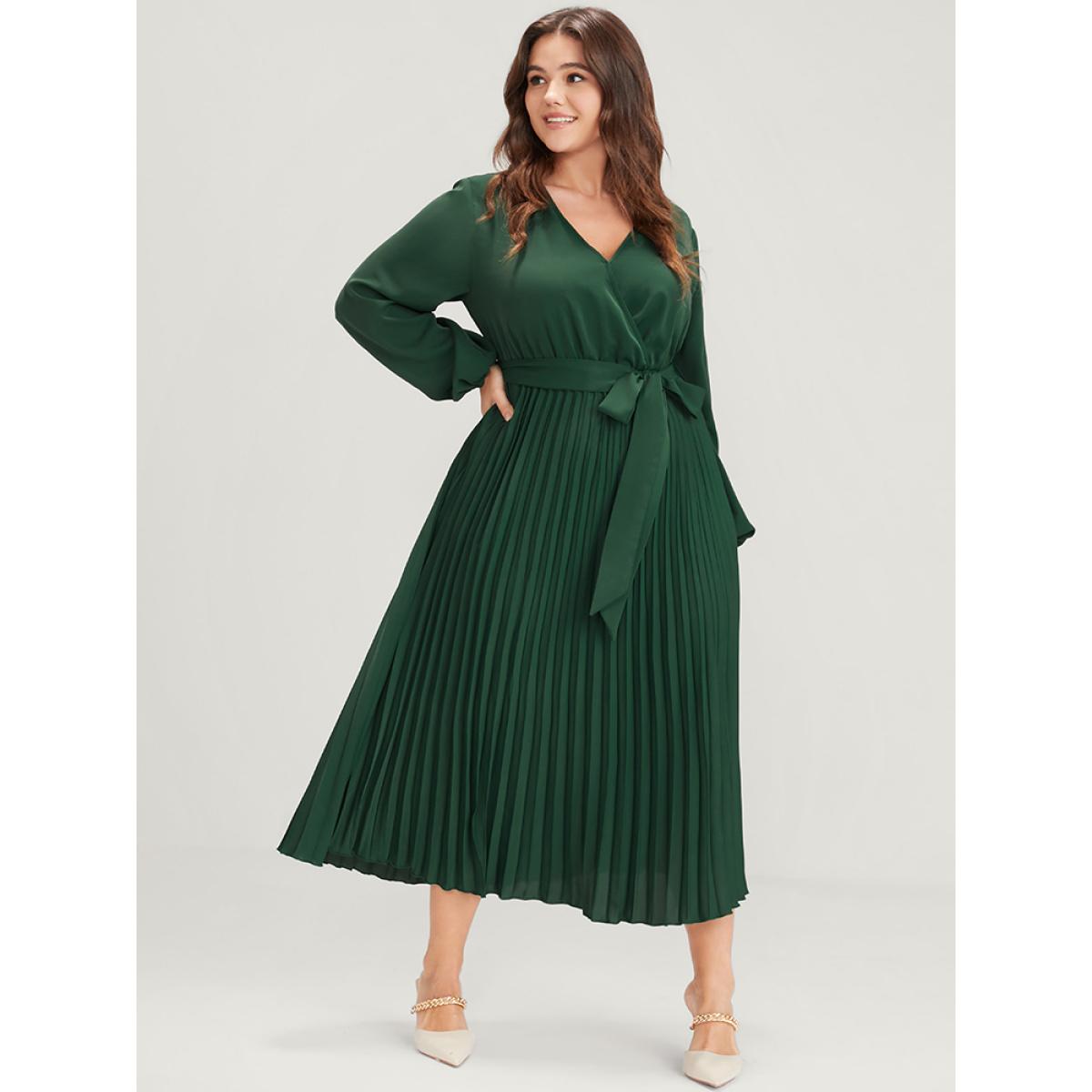 Plus Size Solid Lantern Sleeve Belted Pleated Wrap Dress DarkGreen Women Leisure Plain V-neck Long Sleeve Curvy Midi Dress BloomChic 10/M Product Image