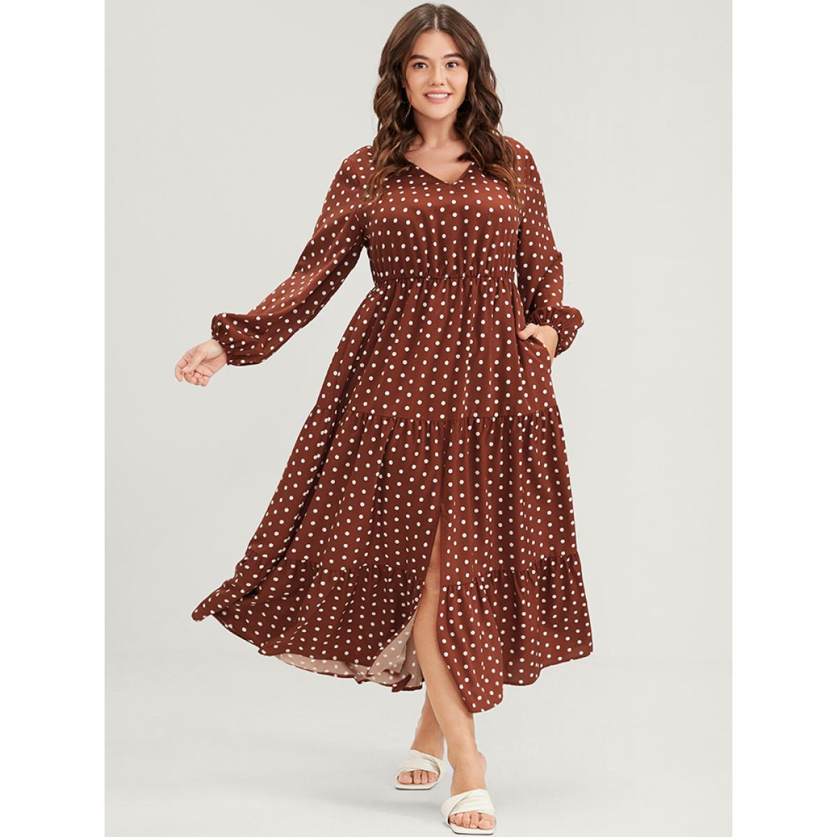 Plus Size Polka Dot Lantern Sleeve Pocket Ruffle Tiered Split Maxi Dress DarkBrown Women Elegant Elastic Waist V-neck Long Sleeve Curvy Long Dress BloomChic 10/M Product Image