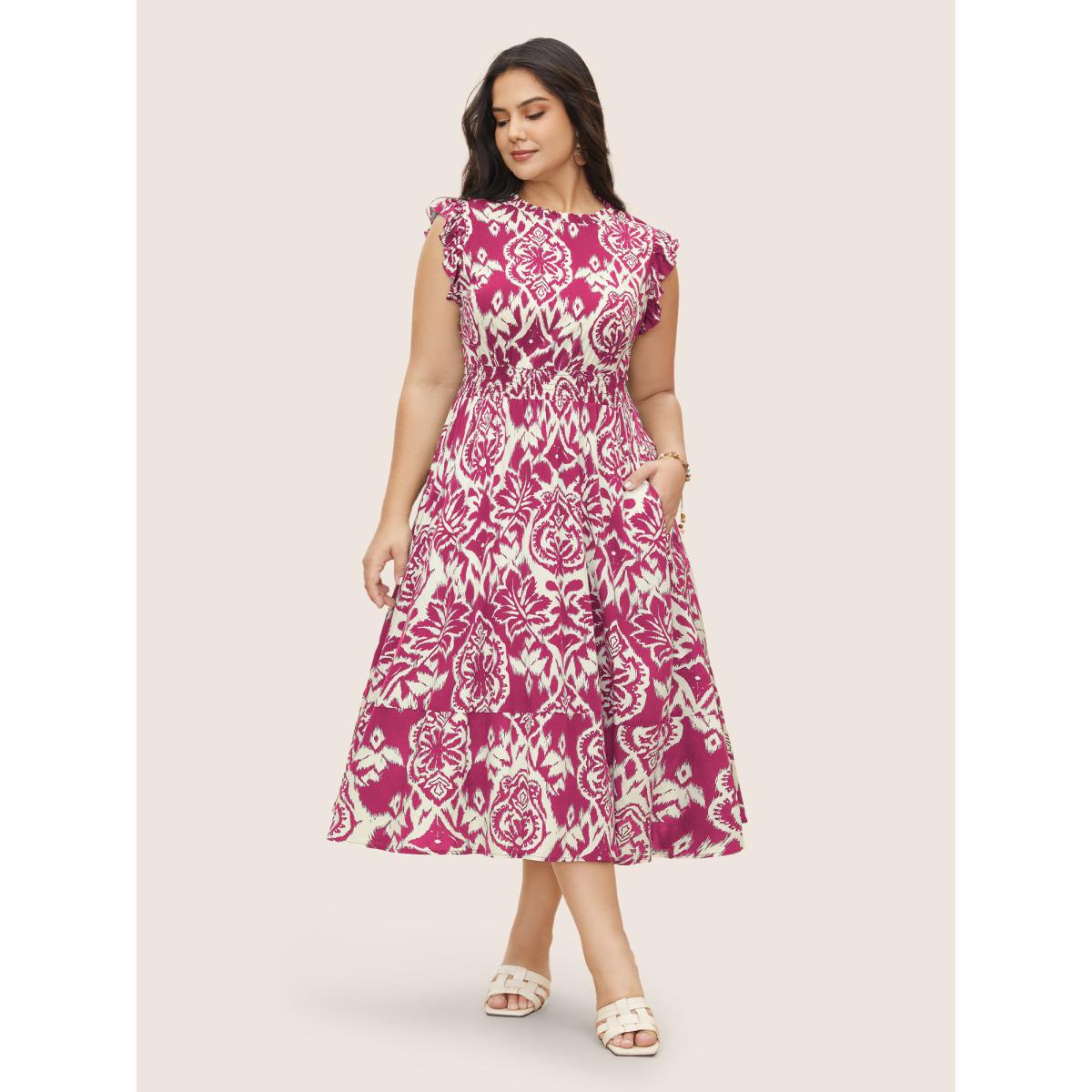 Plus Size Boho Print Mock Neck Shirred Ruffle Cap Sleeve Dress Rosered Women Resort Shirred Mock Neck Cap Sleeve Curvy Midi Dress BloomChic 30/6X Product Image