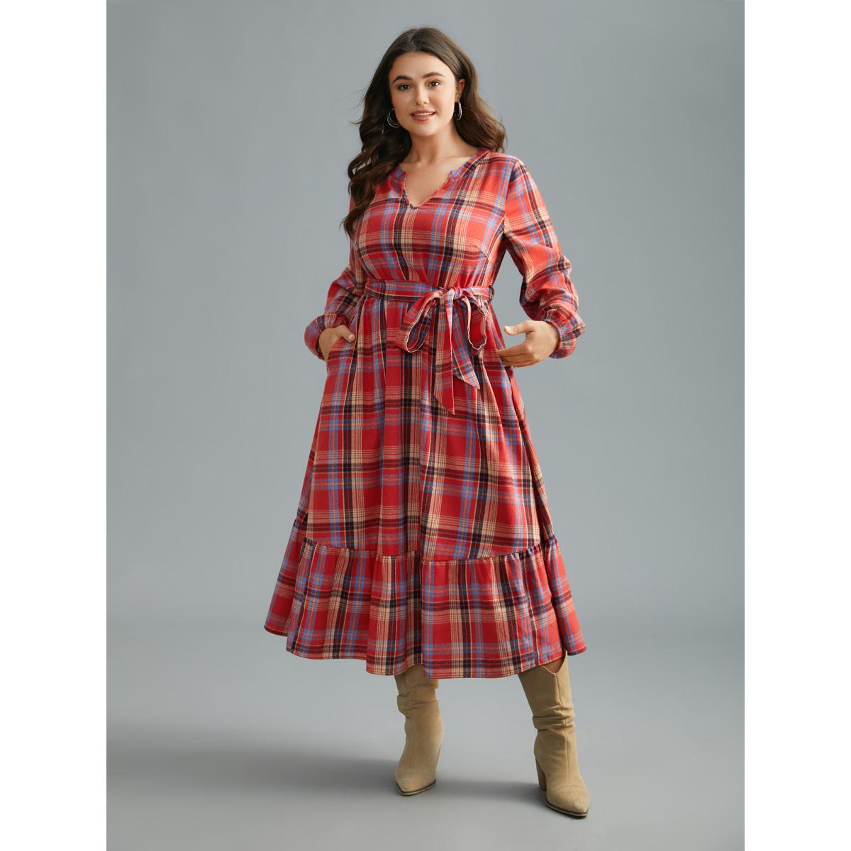 Plus Size Festive Notched Collar Plaid Dress Raspberry Women Elegant Belted Flat collar with V-notch Long Sleeve Curvy BloomChic 30/6X Product Image