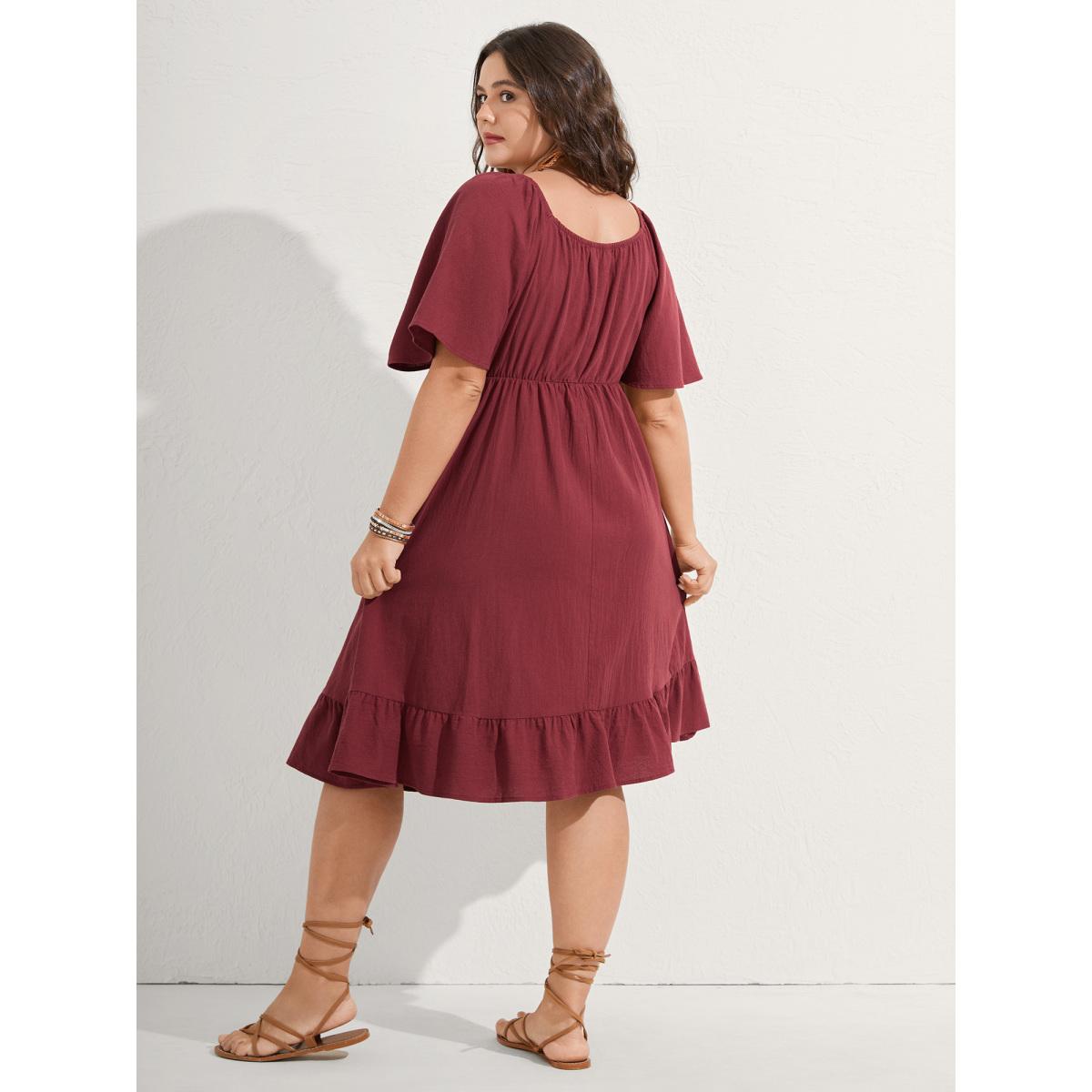 Plus Size Pure Cotton Floral Embroidered Midi Dress Burgundy Women Boho Embroidered Heart neckline Short sleeve Curvy BloomChic 28/5X Product Image