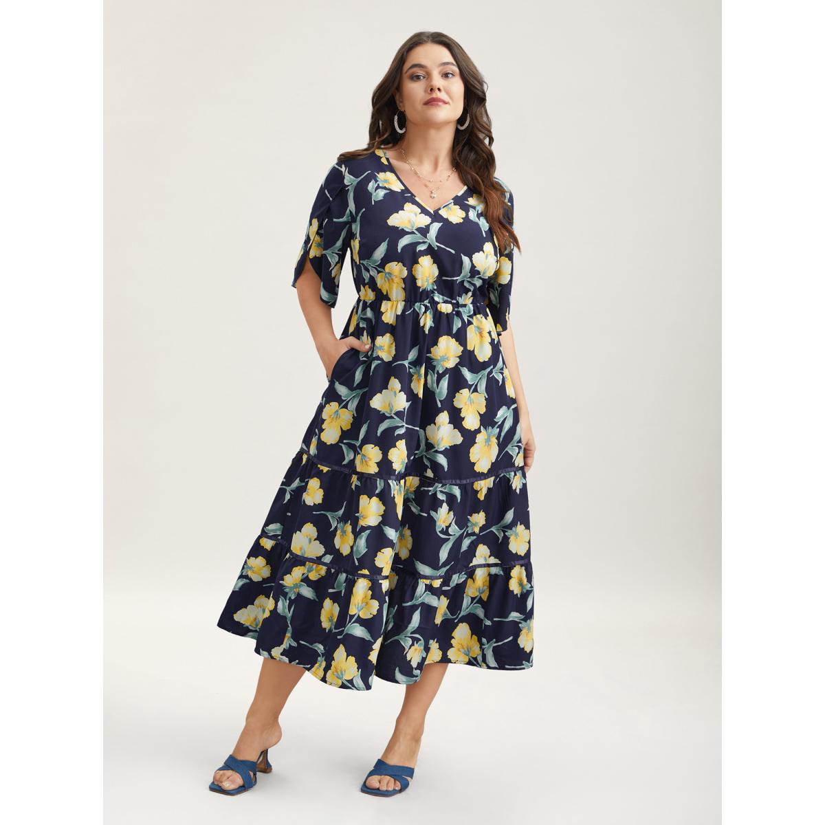 Plus Size Spring Flowers V-Neck Tiered Midi Dress Indigo Women Elegant Overlapping V-neck Half Sleeve Curvy BloomChic 28/5X Product Image