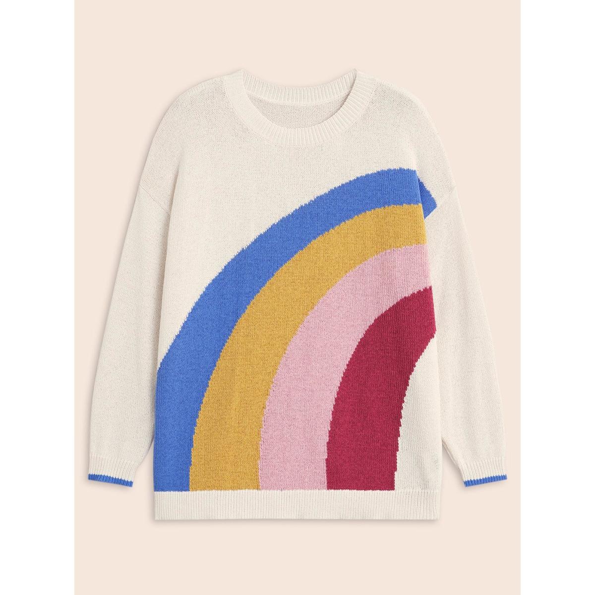 Plus Size Round Neck Rainbow Contrast Texture Pullover Multicolor Women Casual Long Sleeve Round Neck Everyday Pullovers BloomChic 14-16/1X Product Image