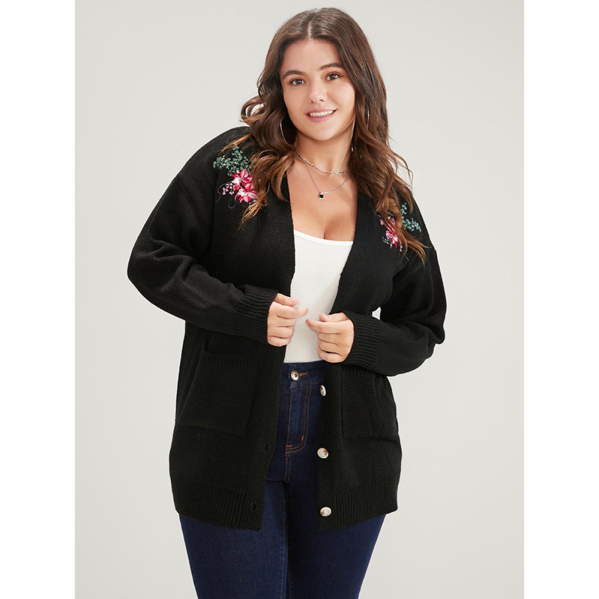 Plus Size Floral Embroidered Pointelle Knit Pocket Button Front Cardigan Black Women Elegant Long Sleeve Dailywear Cardigans BloomChic 18-20/2X Product Image