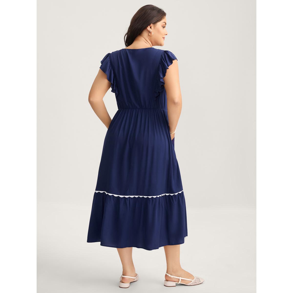 Plus Size Rayon Collar Ribbon Contrast Pockets Midi Dress Indigo Women V-neck Cap Sleeve Curvy BloomChic 22-24/3X Product Image